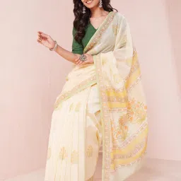 Fabindia Beige & Yellow Printed Saree Without Blouse image 4
