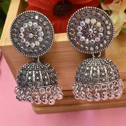 MEIRA JEWELLERY Silver-Plated Artificial Stones Studded Dome Shaped Oxidised Jhumkas-picture-18
