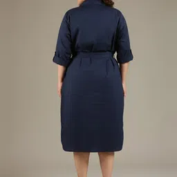 The Pink Moon Women Navy Cotton Shirt Collar Roll-Up Sleeves Belted Detail Shirt Dress image 4