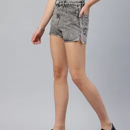 London Rag Women Washed Effect Side Slit Raw Hem Pure Cotton Denim Shorts image 2