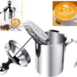 Stainless Steel Milk Frother Coffee Frother Blender-Manual Coffee Beater for Cappuccino-Foam Maker for Hot and Cold Coffee Milk with Double Froth Pump, Handle and Lid, Multicolor image 1