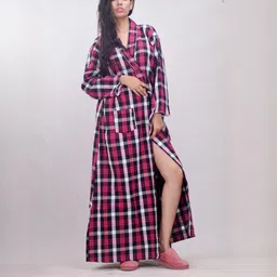 CLYMAA Pink Wool Blend Maxi Checked Nightdress-image-60