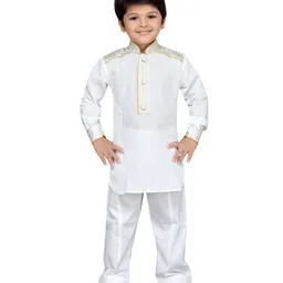 AJ Dezines Full Sleeves Solid Colour Pathani Kurta With Pajama - White-picture-18
