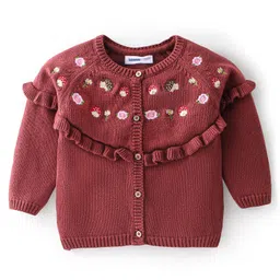 Babyoye Eco-Conscious Cotton Full Sleeves Front Open Sweater Floral Embroidery - Brown-picture-20