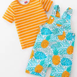 Babyhug 100% Cotton Woven Single Jersey Dungaree & Half Sleeves T-Shirt Set Tropical Print - Orange & Blue-picture-10