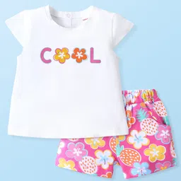 Babyhug 100% Cotton Knit Half Sleeves T-Shirt & Shorts Set Floral Print - White & Pink-image-45