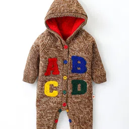 Yellow Apple Winter Wear Full Sleeves Front Open Hooded Romper with Alphabet Embroidery - Light Brown-picture-19