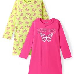 Honeyhap Premium Cotton Knit With Bio Finish Full Sleeves Nighties With Butterfly Print Pack of 2 - Wild Lime & Fandango Pink-image-52