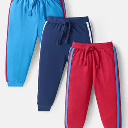 Babyhug Single Jersey Knit Full Length Solid Track Pants with Tape Detailing Pack of 3 - Light Blue Navy Blue & Red-picture-13