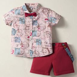 ToffyHouse Poplin Woven Half Sleeves Printed Shirt & Shorts With Bow & Suspender - Light Pink & Red-picture-17
