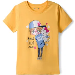 kookie kids india Kookie Kids Single Jersey Knit Half Sleeves T-Shirt with Doll & Best Friend Ever Text Print - Yellow-picture-12