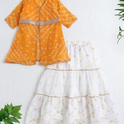 The Magic Wand Woven Three Fourth Sleeves Bandhani Printed & Lace Embellished Kurti Lehenga Set - Yellow-picture-15