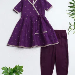 The Magic Wand Woven Three Fourth Sleeves Floral Embroidered & Sequins Embellished Kurti & Pants Set - Purple-image-46