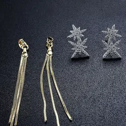 PolluxCraft Korean Gold-Plated Artificial Stones Studded Floral Tasselled Drop Earrings image 2