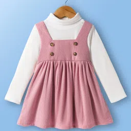 Mark & Mia Woven Full Sleeves Turtle Neck Frock - White & Pink image 2