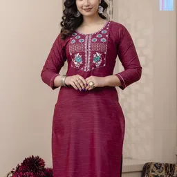 AUZAAI COLLECTION Selection Of 2 Ethnic Motifs Thread Work Round Neck Straight Kurtas-picture-20