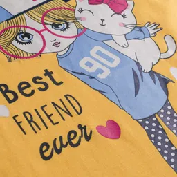 kookie kids india Kookie Kids Single Jersey Knit Half Sleeves T-Shirt with Doll & Best Friend Ever Text Print - Yellow image 3