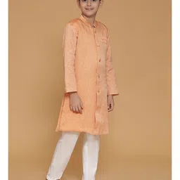 Piccolo Silk Woven Full Sleeves Ethnic Foil Printed Sherwani Pyjama Set - Peach image 4