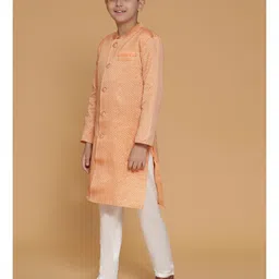 Piccolo Silk Woven Full Sleeves Ethnic Foil Printed Sherwani Pyjama Set - Peach image 5