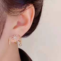 DIVASTRI Gold-Plated American Diamond Studded Korean Floral Drop Earrings image 3