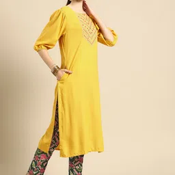 Anouk Women Yellow & Green Ethnic Motifs Embroidered Kurta with Trousers image 2