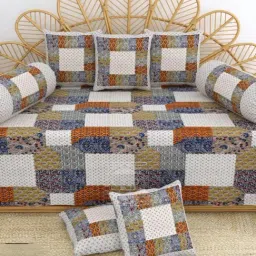 Living Roots Printed Blue 300 TC Cotton Single Diwan - Set of 8-image-56