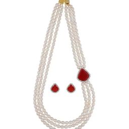 Sri Jagdamba Pearls Dheera Red & White Pearl CZ Necklace Set-picture-29