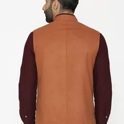 Wintage Men Rust Orange Woven Design Nehru Jacket image 4