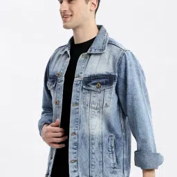 SHOWOFFFF Blue Denim Slim Fit Solid Jacket image 3