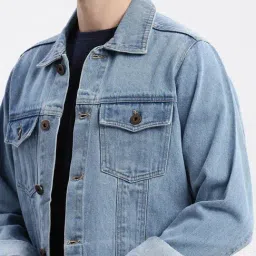 SHOWOFFFF Blue Denim Slim Fit Solid Jacket image 5