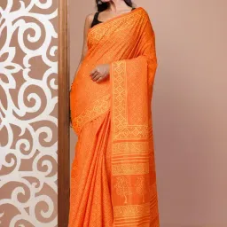 Unnati Silks Orange Cotton Printed Saree With Unstitched Blouse-picture-10