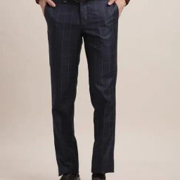 Turtle Blue Rayon Slim Fit Chequered Trousers-picture-6