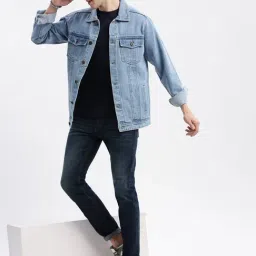 SHOWOFFFF Blue Denim Slim Fit Solid Jacket image 4
