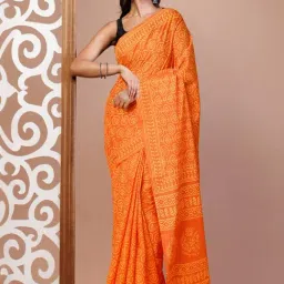 Unnati Silks Orange Cotton Printed Saree With Unstitched Blouse-picture-12