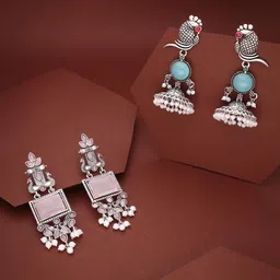 Anouk Set Of 2 Silver Plated Artificial Stones & Beaded Contemporary Shaped Drop Earrings-image-86