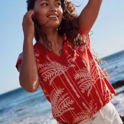 NEXT Tropical Print Pure Cotton Extended Sleeves Lace Insert Detail Blouson Top-picture-53