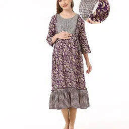 Bella Mama Woven Three Fourth Sleeves Floral Print With Embroidered Yoke Maternity Kurta - Purple-picture-22