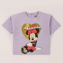 Babyhug Disney Cotton Half Sleeves T-Shirt With Minnie Mouse Graphics and Glitter Print - Purple-image-17