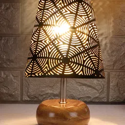 Devansh Round Metal Etching Table Lamp With Natural wood Round Base-picture-18