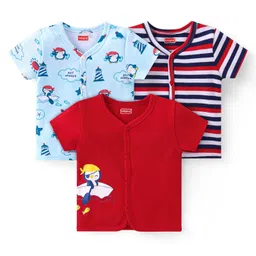 Babyhug 100% Interlock Cotton Knit Half Sleeves Front Open Antibacterial Vests with Stripes & Penguin Print Pack of 3 - Blue & Red-picture-32