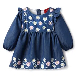Babyhug Cotton Knit Full Sleeves Frock With Floral Embroidery & Frill Detailing - Blue-picture-27