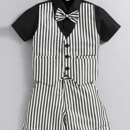 Jeet Ethnics Half Sleeves 3 Piece Striped Coordinating Party Suit Set With Bow - Black & White-picture-18