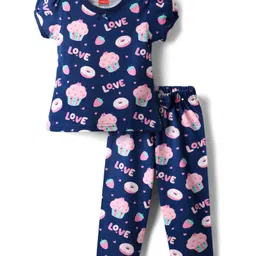 Babyhug Cotton Knit Half Sleeves Co-ords Night Suit with Hearts Print - Navy Blue-picture-11