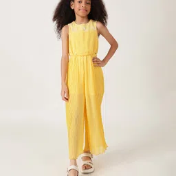 One Friday Woven Sleeveless Leaves Embroidered & Pleated Jumpsuits - Yellow-picture-20