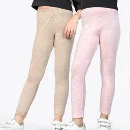 Ariel Cotton Knit Pack Of 2 Solid Non Transparent Leggings - Brown & Pink image 1