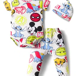 Babyhug Disney Interlock Knit Half Sleeves Onesie & Diaper Legging With Pony Cap Set Disney Character Print- White-picture-13