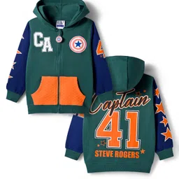 Pine Kids Marvel Terry Knit Full Sleeves Hooded Sweatshirt with Front and Back Avengers Graphics and Badge Detailing - Green-image-19