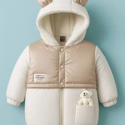 Little Kangaroos Woven Full Sleeves Hooded Pdded Jacket with Teddy & Ear Applique - Off White-picture-18