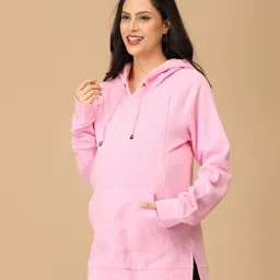 The Mom Store Cotton Knit Full Sleeves Solid Maternity Hooded Sweatshirt With Side Zipper Nursing Access - Pink image 4