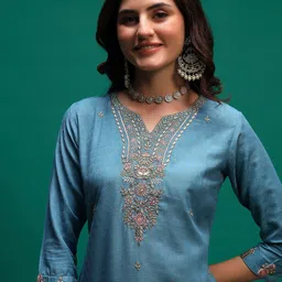 Sangria Women Ethnic Motifs Embroidered Kurta with Trousers & Dupatta image 4